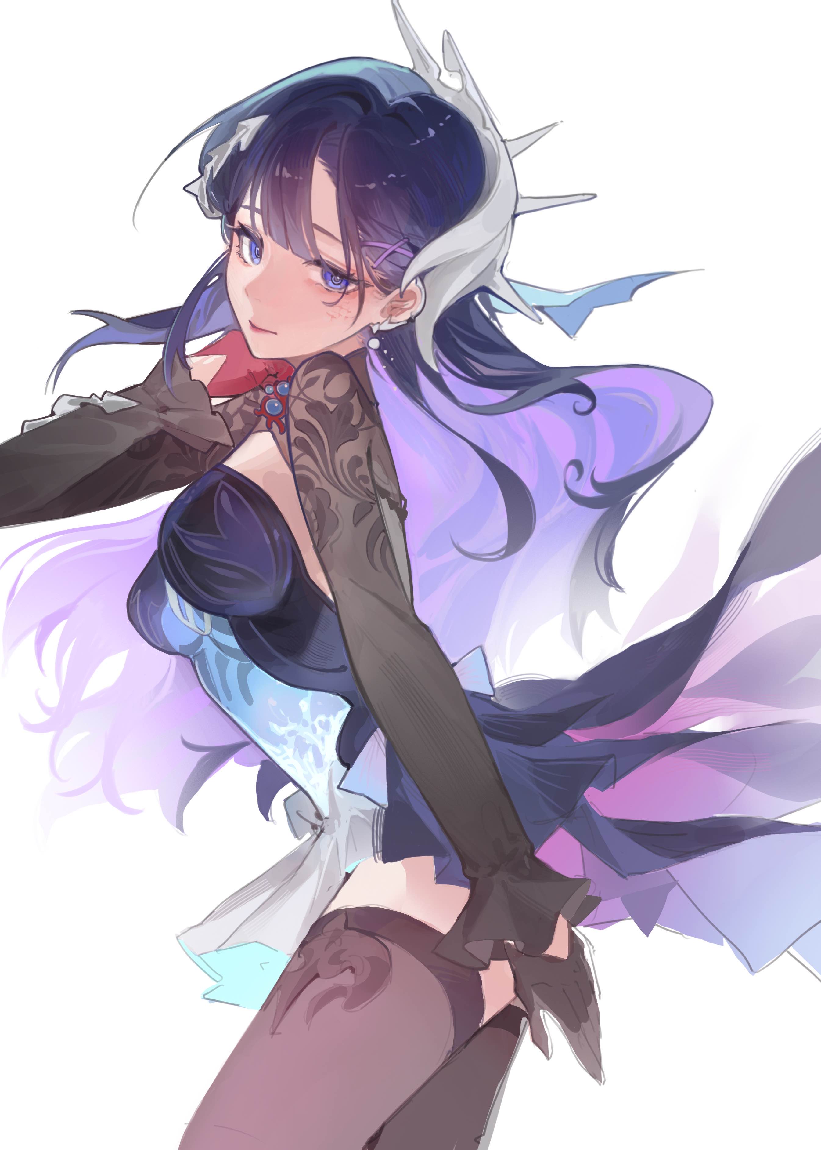 roo boo, hysilens (honkai: star rail), honkai: star rail, honkai (series), absurdres, commentary request, highres, 1girl, arm up, asymmetrical gloves, black gloves, blue dress, blue eyes, breasts, brown shrug, brown thighhighs, closed mouth, colored inner hair, cowboy shot, dress, gloves, hair between eyes, hair ornament, large breasts, looking at viewer, multicolored dress, multicolored hair, purple dress, purple hair, red gloves, shrug (clothing), simple background, solo, thighhighs, white background, white dress, x hair ornament