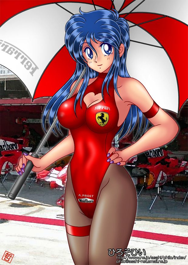 philosophy (artist), philosophy (philosophical room), ferrari, non-web source, 1girl, blue eyes, blue hair, cleavage cutout, clothing cutout, female focus, leotard, long hair, matching hair/eyes, nail polish, pantyhose, purple nails, race queen, red leotard, solo, swimsuit, umbrella