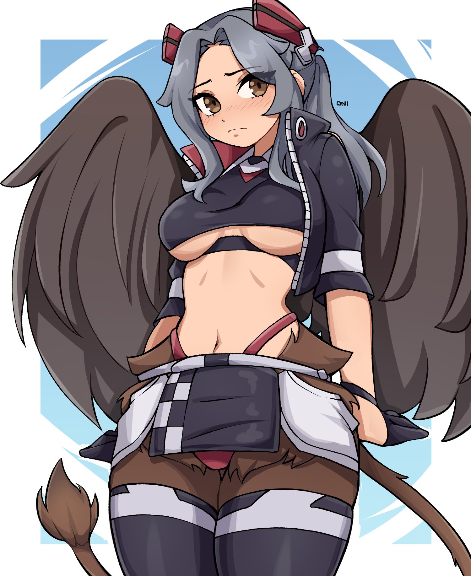 oninuer, original, commentary, commission, english commentary, highres, 1girl, arms at sides, black gloves, black jacket, black skirt, black thighhighs, black wings, blush, body fur, border, breasts, brown eyes, brown fur, closed mouth, cowboy shot, crop top, gloves, grey hair, hair ornament, highleg, highleg panties, jacket, long hair, looking at viewer, medium breasts, open clothes, open jacket, outside border, panties, red panties, short sleeves, skirt, solo, stomach, tail, thighhighs, underwear, white border, wings, zipper
