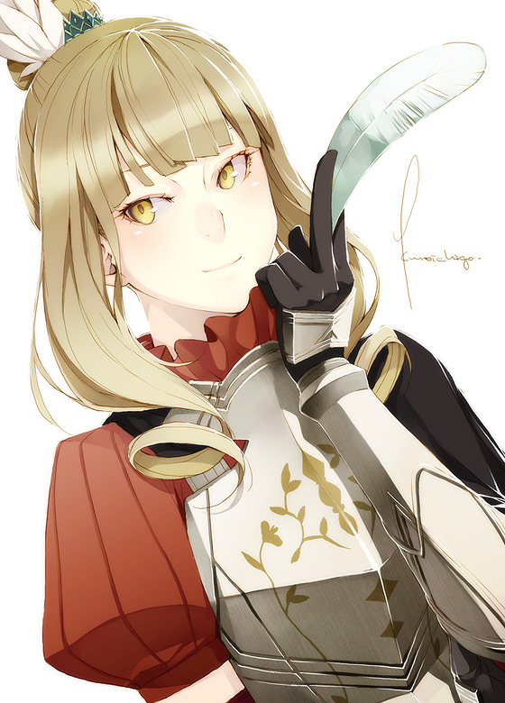 kyo (kuroichigo), fantasy earth zero, 1girl, armor, blonde hair, feathers, female focus, knight, long hair, puff and slash sleeves, puffy sleeves, smile, solo, yellow eyes