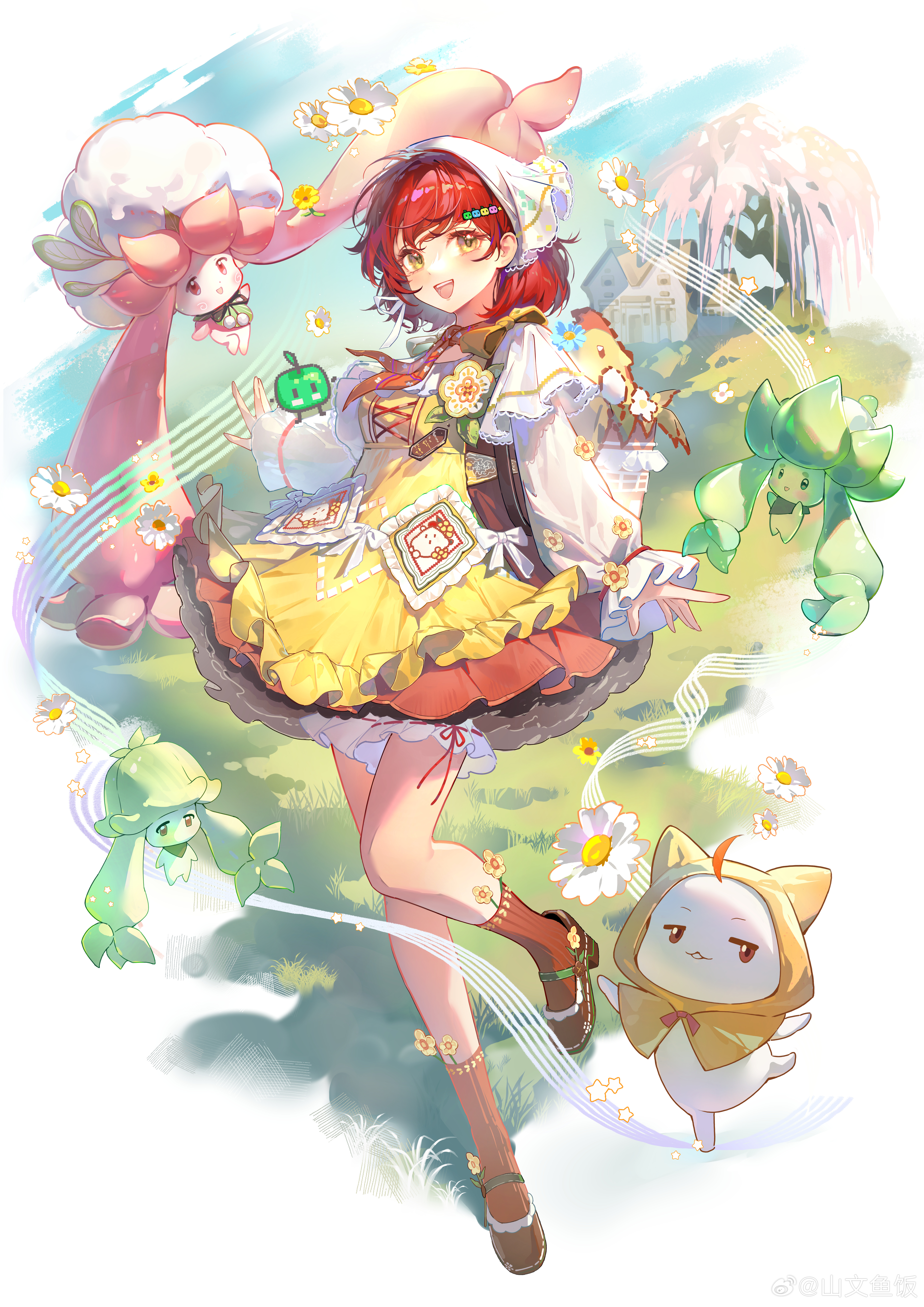 shanwenyufan, junimo, momo (nikki), nikki (nikki), infinity nikki, nikki (series), stardew valley, absurdres, chinese commentary, commentary request, highres, 1girl, ahoge, animal, ankle socks, apple hair ornament, apron, basket, bird, bloomers, blue sky, border, bow, bowtie, brooch, brown dress, brown shoes, brown socks, cat, character hair ornament, chicken, cloak, clothed animal, dancing, day, dress, ear covers, egg, floating clothes, floating hair, floral print, flower, flower brooch, food-themed creature, food-themed hair ornament, frilled apron, frilled sleeves, frills, full body, grass, hair ornament, hairclip, happy, headscarf, high heels, hood, hood up, hooded cloak, house, jewelry, lace-trimmed headwear, lace trim, layered sleeves, light blush, long sleeves, mary janes, musical staff, open mouth, outdoors, outside border, petticoat, pinafore dress, pixel art inset, posy (infinity nikki), print apron, print headwear, puffy long sleeves, puffy sleeves, pumps, red bow, red bowtie, red hair, red ribbon, ribbon, ribbon-trimmed bloomers, ribbon legwear, ribbon trim, see-through clothes, see-through sleeves, shadow, shirt, shoes, short dress, short hair, short over long sleeves, short sleeves, sky, sleeveless, sleeveless dress, sleeves past wrists, smile, socks, star (symbol), stardew valley encounter (infinity nikki), teeth, tree, underwear, upper teeth only, watermark, weibo watermark, white bloomers, white border, white cat, white headscarf, white shirt, wisteria, yardling (infinity nikki), yellow apron, yellow cloak, yellow flower