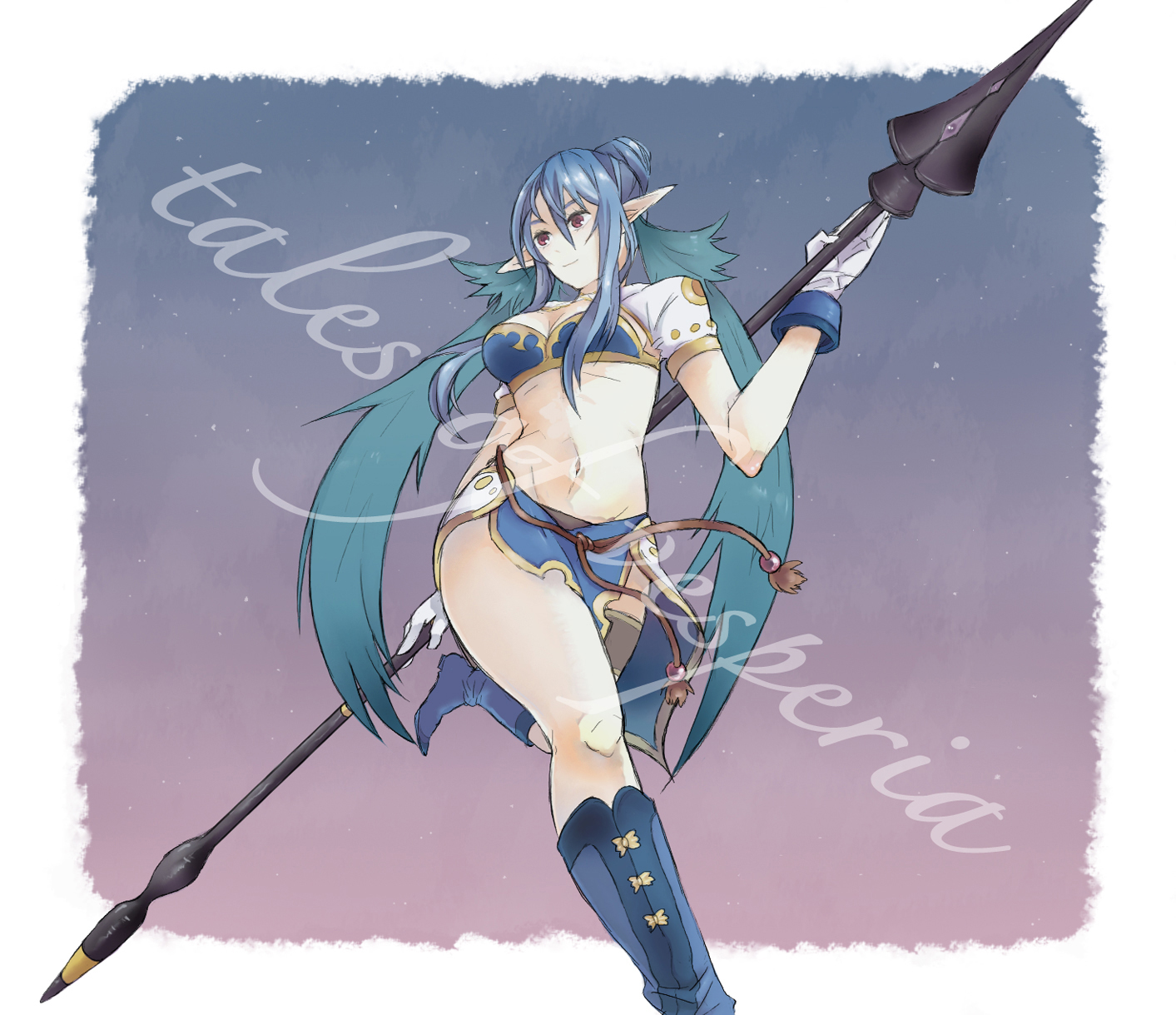 wnhqd518, judith (tales), tales of (series), tales of vesperia, bad id, bad pixiv id, highres, 00s, 1girl, blue boots, blue eyes, boots, breasts, cleavage, copyright name, female focus, gloves, holding behind back, holding polearm, holding polearm behind back, holding weapon, holding weapon behind back, knee boots, pointy ears, polearm, red eyes, smile, solo, spear, standing, standing on one leg, thighs, weapon