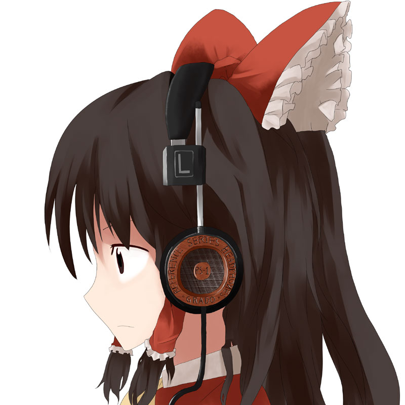 mieharu, hakurei reimu, grado labs, touhou, 1girl, black hair, bow, brown hair, female focus, from side, hair bow, hair tubes, headphones, long hair, solo