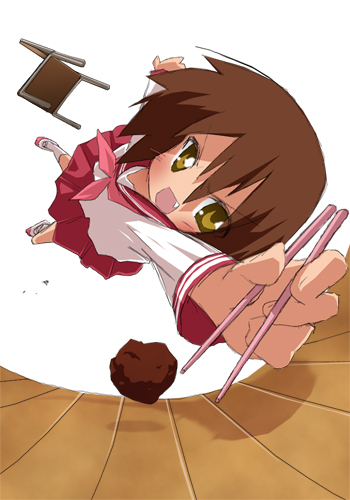 kusakabe misao, lucky star, lowres, 00s, brown hair, chopsticks, diving, fang, food, foreshortening, meatball, open mouth, outstretched arm, outstretched hand, reaching, school uniform, serafuku, short hair, solo, yellow eyes