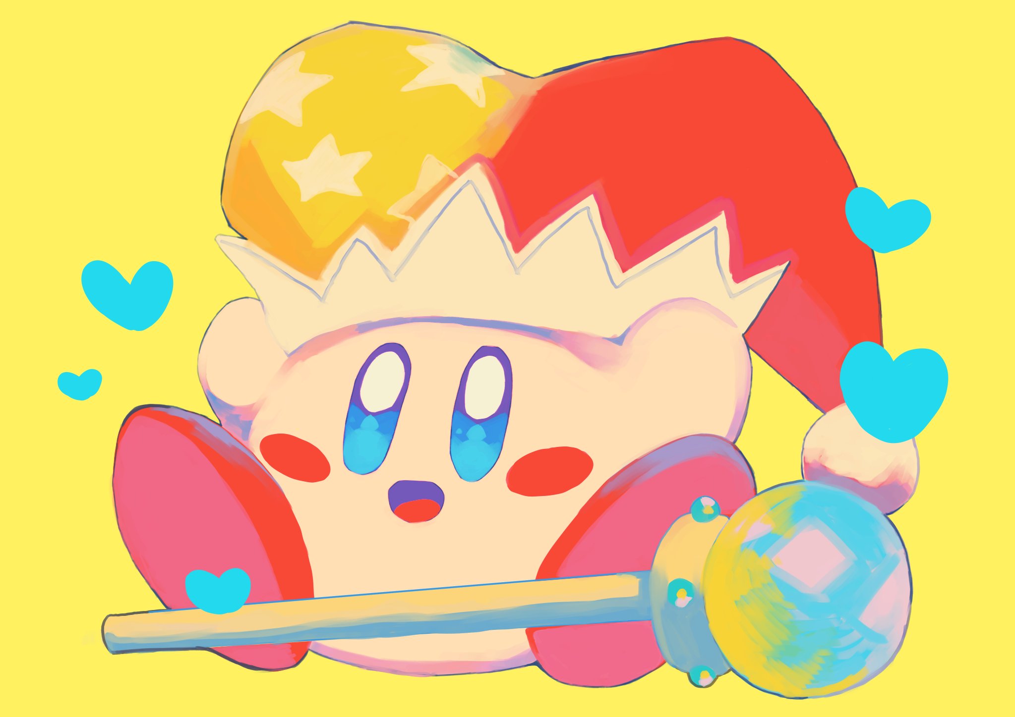 purano7, beam kirby, kirby, kirby (series), nintendo, highres, :d, blue eyes, blush stickers, copy ability, full body, hat, heart, jester cap, multicolored hat, no humans, open mouth, pom pom (clothes), red hat, simple background, sitting, smile, solo, star (symbol), star print, wand, yellow background