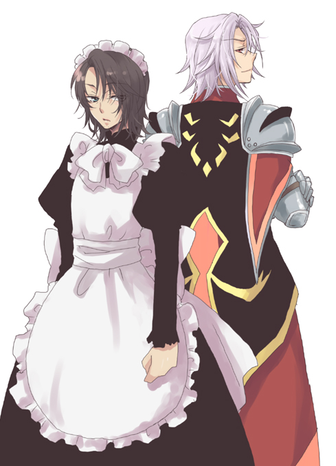 okmr, alexei dinoia, raven (tales), schwann oltorain, tales of (series), tales of vesperia, bad id, bad pixiv id, 00s, 2boys, armor, black hair, blue eyes, crossdressing, crossdressing (mtf), maid, male focus, male maid, multiple boys, red eyes, trap, white background, white hair
