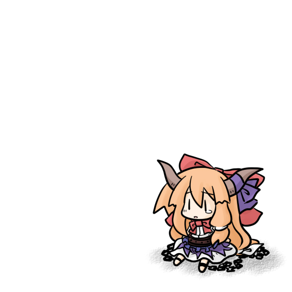 yanagi (nurikoboshi), ibuki suika, touhou, 1girl, chain, chibi, female focus, hair ribbon, horns, orange hair, ribbon, simple background, solo, tears, white background, | |