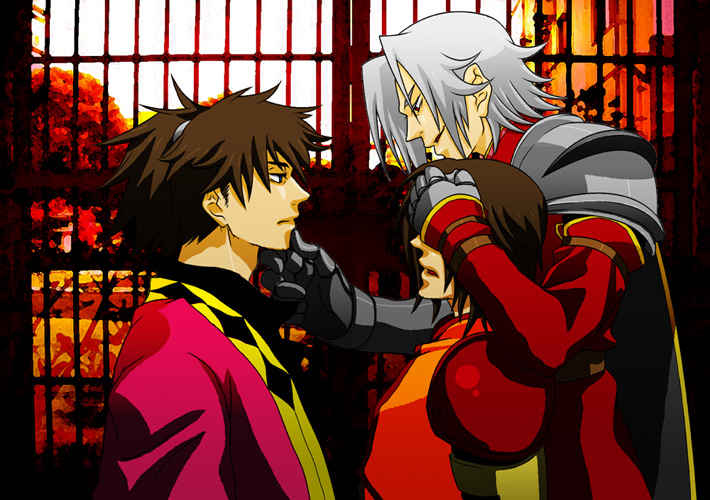 yomotsuki road, alexei dinoia, raven (tales), tales of (series), tales of vesperia, bad id, bad pixiv id, 00s, 2boys, armor, black hair, blue eyes, multiple boys, ponytail, red eyes, white hair