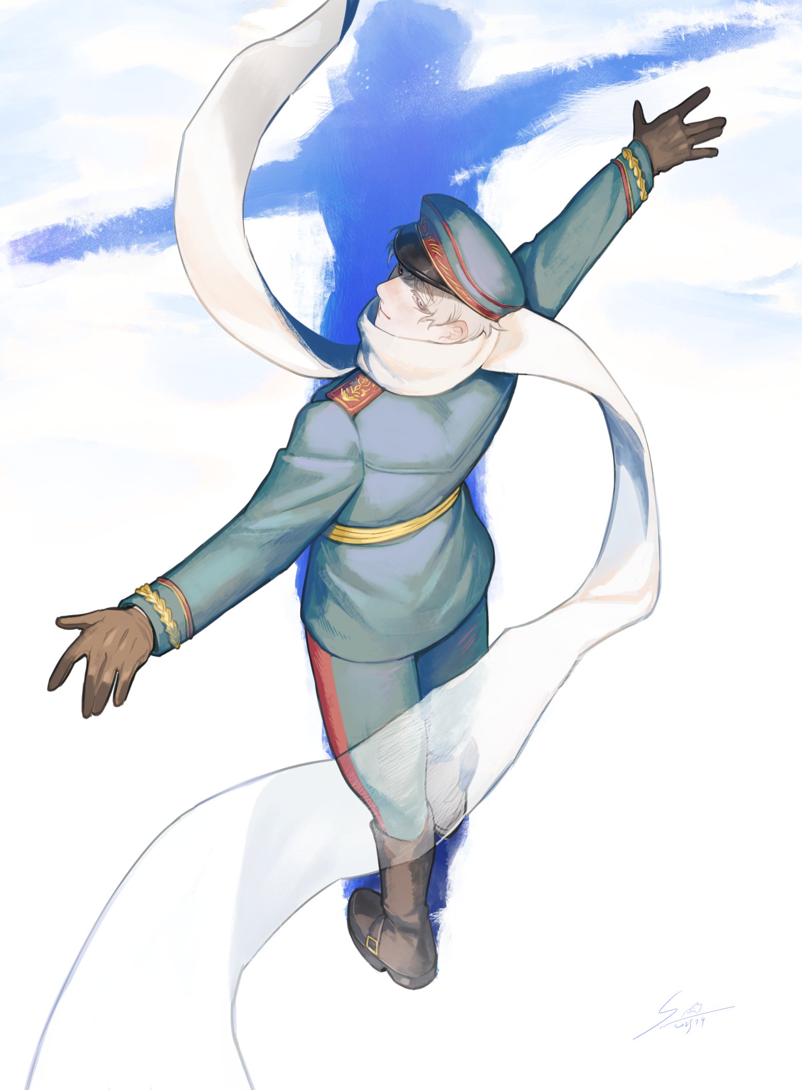 qia li, russia (hetalia), axis powers hetalia, commentary, highres, symbol-only commentary, 1boy, 2025, belt, black boots, blush, boots, brown gloves, closed mouth, day, floating clothes, from behind, full body, gloves, green hat, green jacket, green pants, grey hair, hair between eyes, half-closed eyes, hands up, hat, jacket, long sleeves, looking at viewer, looking back, male focus, military, military hat, military jacket, military uniform, outdoors, outstretched arms, pants, peaked cap, purple eyes, scarf, shadow, short hair, signature, smile, snow, solo, soviet army, spread arms, standing, white scarf, winter, yellow belt