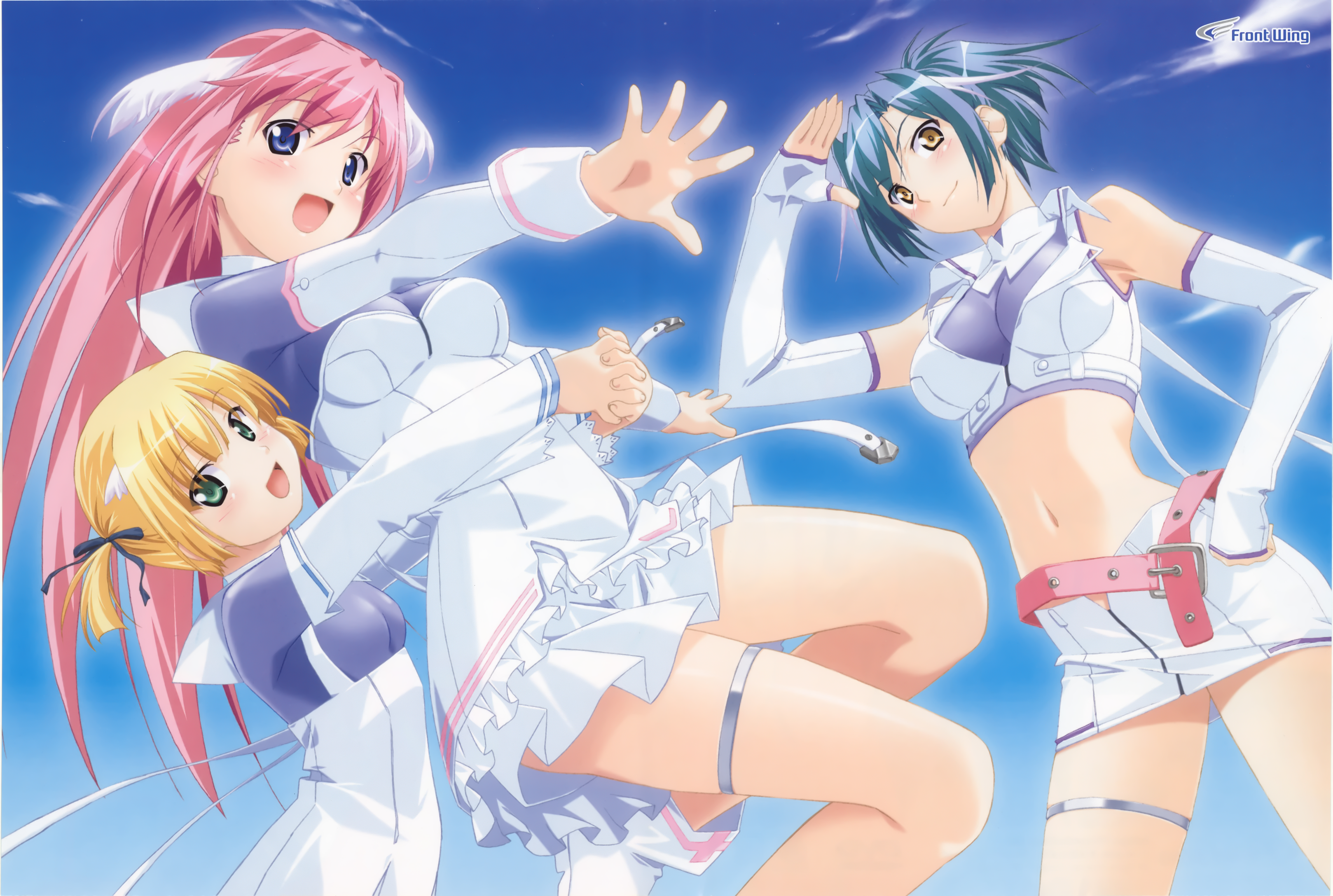 kuuchuu yousai, fauna, jordh, leukothea, megachu!, absurdres, highres, 00s, 3girls, armpits, belt, blonde hair, blue eyes, blue hair, blush, day, elbow gloves, from behind, gloves, green eyes, hair ribbon, hand on own hip, head wings, hug, jewelry, long hair, midriff, miniskirt, multiple girls, pink hair, ponytail, ribbon, salute, short hair, short twintails, skirt, sky, smile, thighlet, twintails, wings, yellow eyes