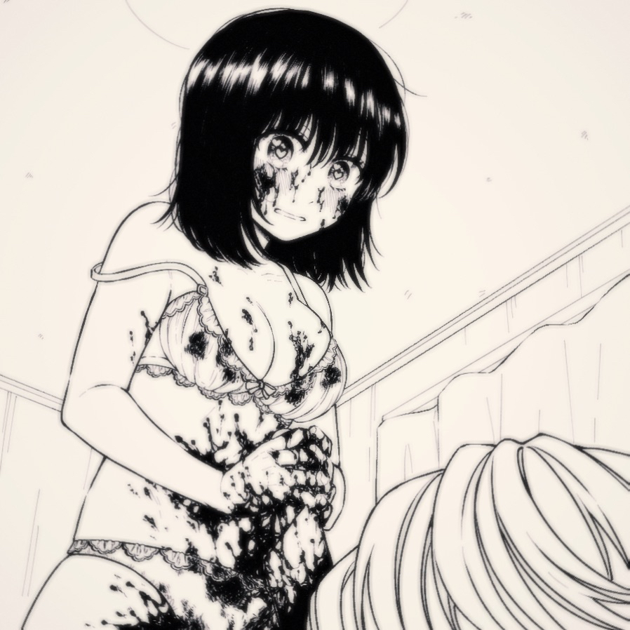 oe (oeoe0808), original, commentary request, 1boy, 1girl, blood, blood on body, blood on face, blood on hands, blood splatter, bloody knife, bra, breasts, cleavage, cowboy shot, greyscale, heart, heart-shaped pupils, holding, holding knife, indoors, knife, lace, lace-trimmed bra, lace-trimmed panties, lace trim, large breasts, medium hair, monochrome, murder, out of frame, panties, parted lips, reverse grip, solo focus, strap slip, symbol-shaped pupils, two-handed, underwear, underwear only, wide-eyed