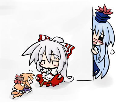 yanagi (nurikoboshi), fujiwara no mokou, ibuki suika, kamishirasawa keine, touhou, silver hair, lowres, 3girls, animal ears, blue hair, blush, chibi, dog-suika, dog ears, dog tail, female focus, hair ribbon, hat, horns, mini person, minigirl, multiple girls, orange hair, peeking, peeking out, ribbon, sitting, squatting, standing, tail, white background