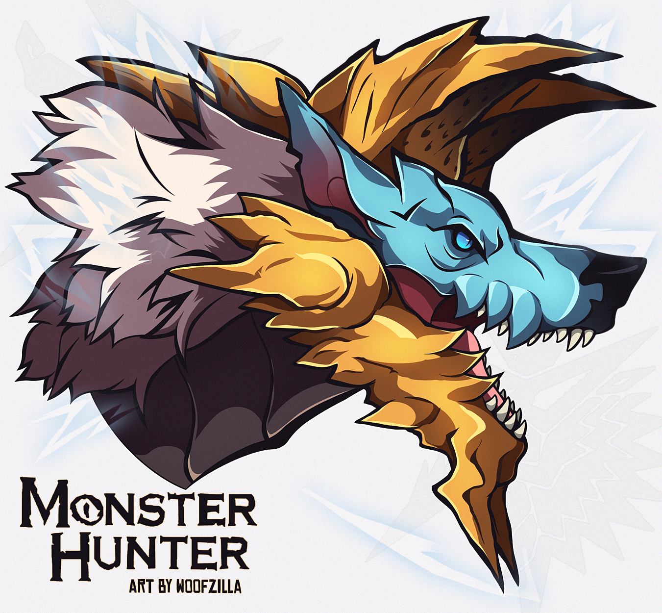 woofzilla, zinogre, monster hunter (series), monster hunter rise, commentary, english commentary, highres, animal focus, blue eyes, copyright name, monster, no humans, open mouth, sharp teeth, simple background, slit pupils, solo, teeth
