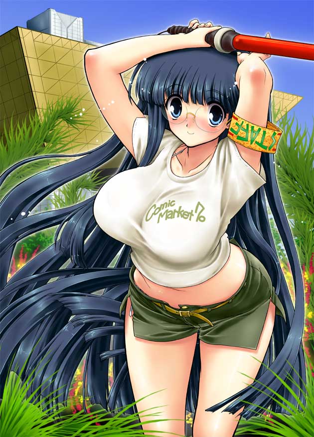 kazumi yoshiyuki, comiket, tokyo big sight, 1girl, armband, arms up, baton (weapon), belt, black hair, blue eyes, blue hair, blunt bangs, blush, breasts, clothes writing, crop top, day, female focus, glasses, grass, huge breasts, leaning forward, long hair, matching hair/eyes, midriff, nature, outdoors, shirt, shorts, side slit, side slit shorts, sky, smile, solo, standing, t-shirt, very long hair, weapon