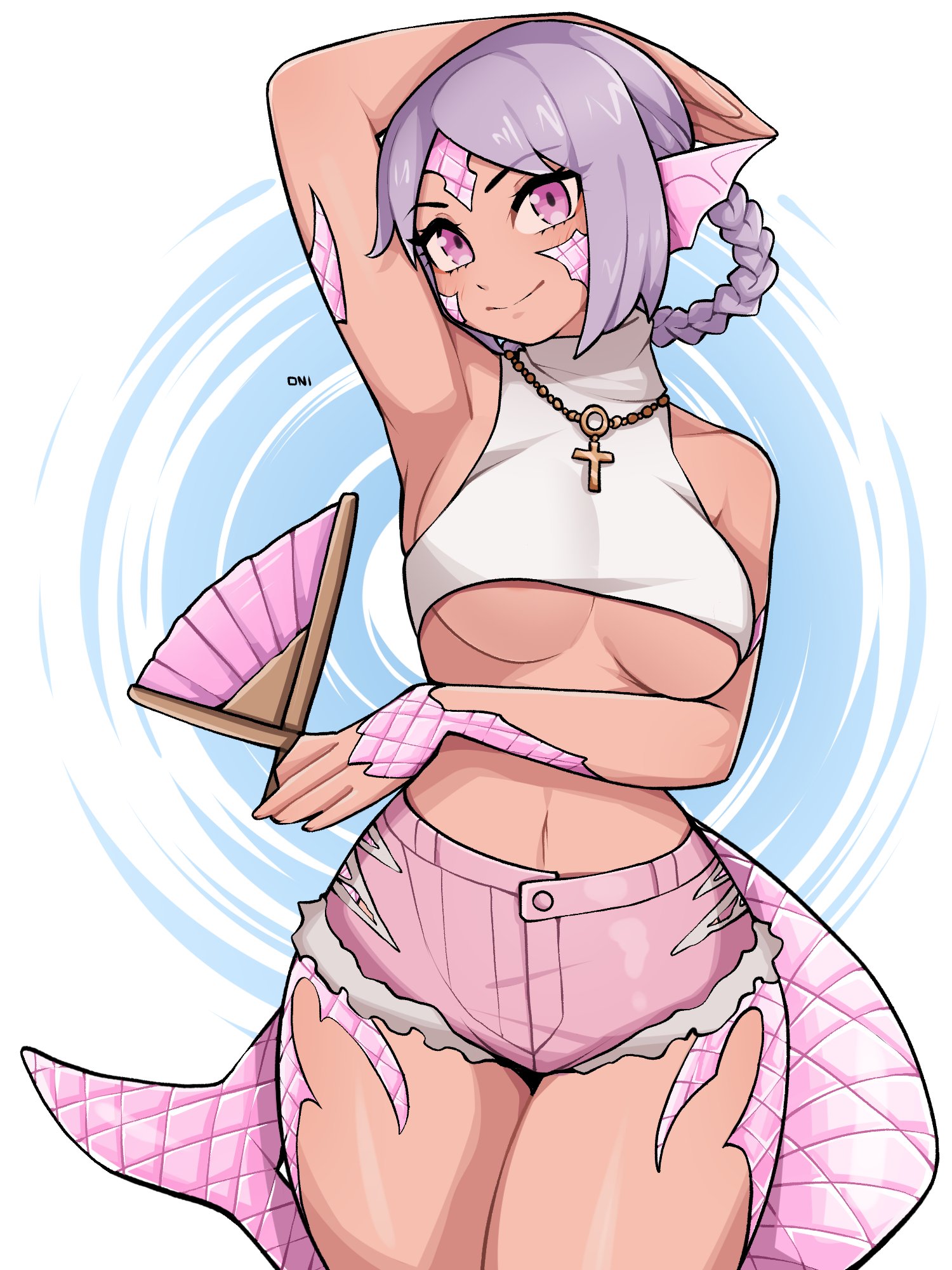 oninuer, original, commentary, commission, english commentary, highres, 1girl, animal ears, arm behind head, arm up, bare arms, braid, breasts, cetacean tail, closed mouth, cowboy shot, crop top, cross, cross necklace, fins, fish tail, folding fan, hand fan, holding, holding fan, jewelry, large breasts, looking at viewer, midriff, necklace, parted bangs, pink eyes, pink shorts, purple hair, scales, short hair, short shorts, shorts, sleeveless, smile, solo, tail, thighs