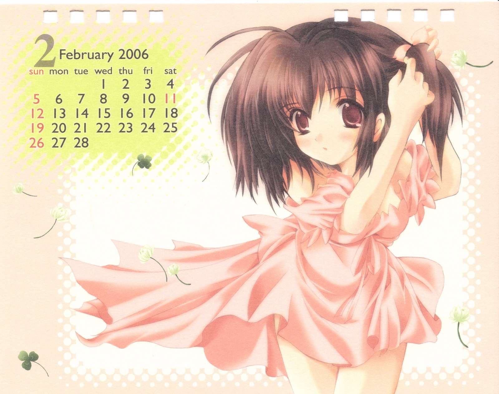 yuzuhara konomi, to heart (series), to heart 2, highres, 00s, 1girl, 2006, brown hair, calendar, clover, clover (flower), cowboy shot, dress, february, female focus, flower, four-leaf clover, solo
