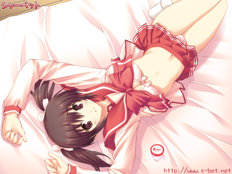 sakayaki sakura, yuzuhara konomi, to heart (series), to heart 2, 00s, 1girl, bed, bow, bow bra, bow panties, bra, brown eyes, brown hair, female focus, lingerie, lying, midriff, on back, panties, school uniform, solo, twintails, underwear, yogurt