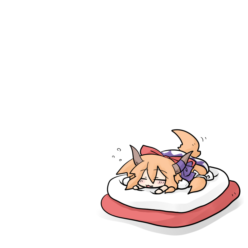 yanagi (nurikoboshi), ibuki suika, touhou, 1girl, animal ears, blush, chibi, dog-suika, dog ears, dog tail, fang, female focus, hair ribbon, horns, lying, orange hair, ribbon, simple background, sleeping, solo, tail, white background