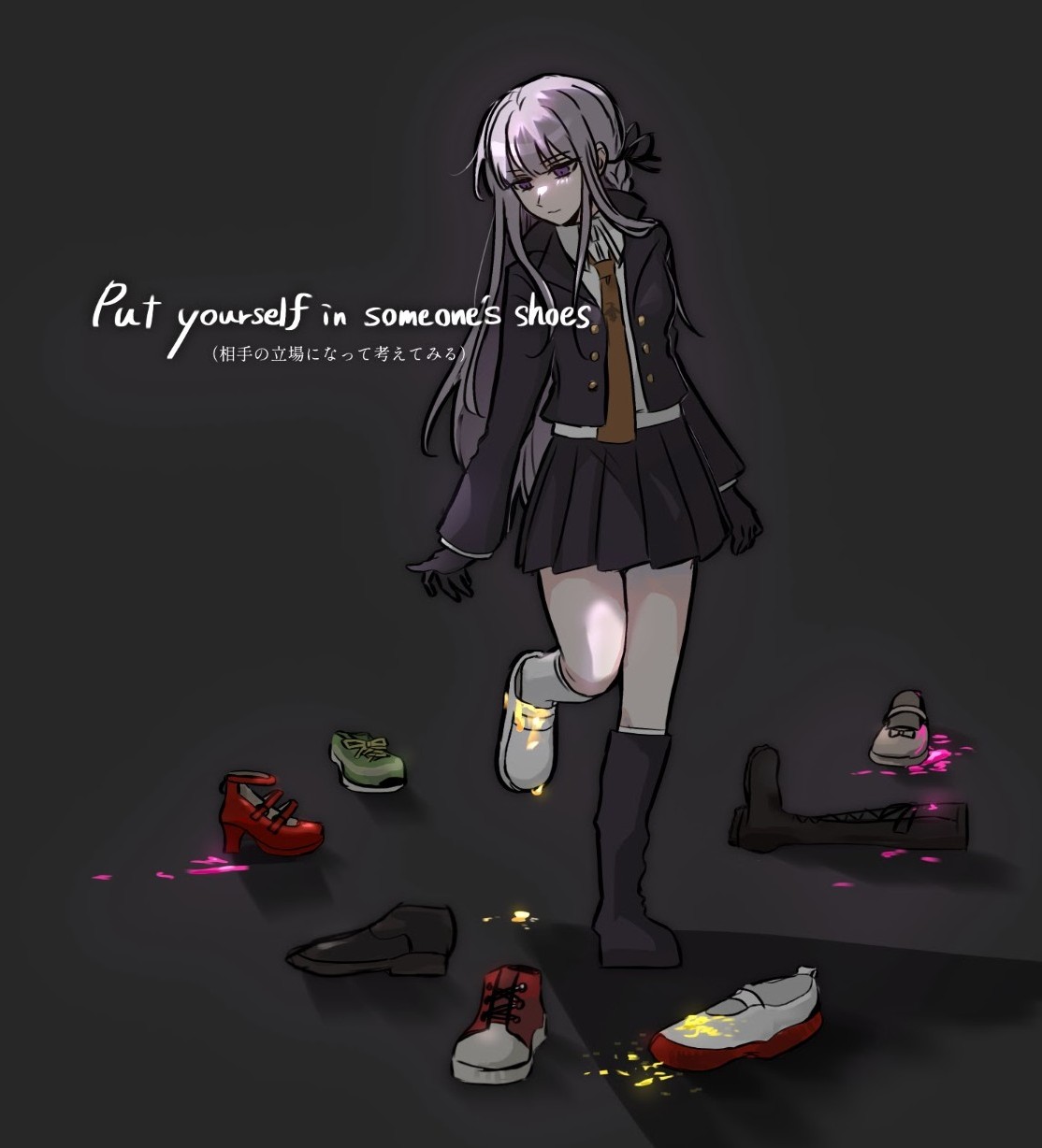 kirigiri kyoko, danganronpa: trigger happy havoc, danganronpa (series), highres, 1girl, black gloves, black ribbon, black skirt, boots, braid, breasts, brown background, gloves, grey hair, hair ribbon, jacket, long hair, mi (ttt mi1326), miniskirt, necktie, open clothes, open jacket, pleated skirt, ribbon, shirt, shoes, skirt, small breasts, solo, standing, standing on one leg, unworn shoes