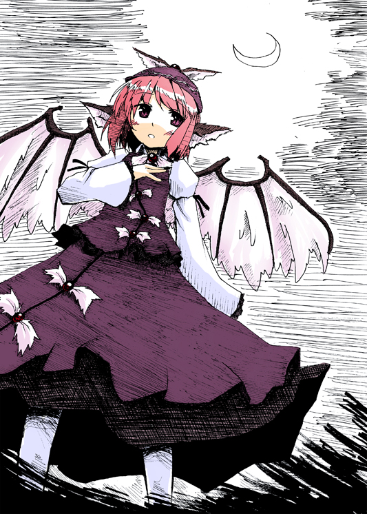 tsuga (pixiv), tsuga kyousuke, mystia lorelei, touhou, bad id, bad pixiv id, 1girl, female focus, hat, night, outdoors, pink hair, sky, solo, standing, wings