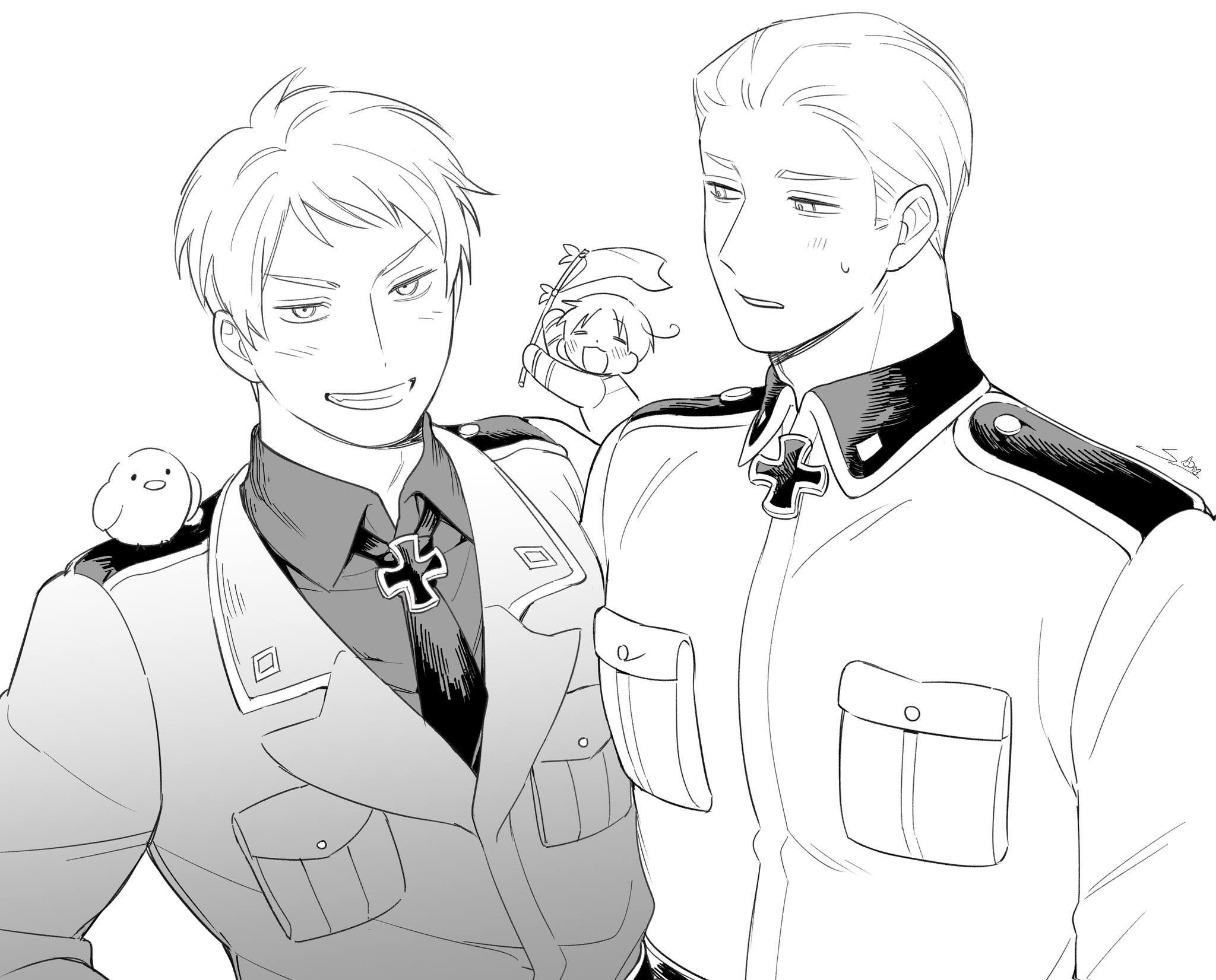 qia li, germany (hetalia), gilbird, northern italy (hetalia), prussia (hetalia), axis powers hetalia, chinese commentary, commentary request, highres, 3boys, ahoge, animal, animal on shoulder, baby animal, beak, bird, bird on shoulder, bird wings, blush, breast pocket, brothers, chick, closed eyes, collared jacket, collared shirt, cross, fang, flag, greyscale, happy, holding, holding flag, iron cross, jacket, lapels, long sleeves, looking at another, looking at viewer, male focus, military jacket, military uniform, monochrome, multiple boys, necktie, open mouth, pet, pocket, shirt, short hair, siblings, signature, simple background, smile, sweatdrop, teeth, upper body, v-shaped eyebrows, wings