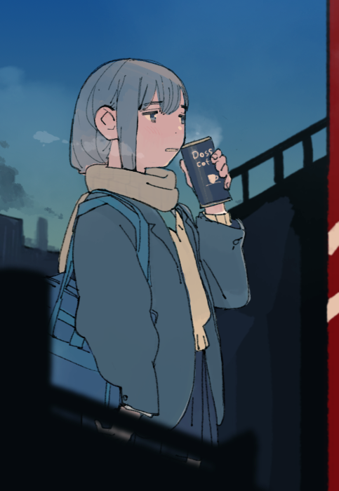 nanora, boss coffee, original, 1girl, bag, blazer, blue bag, blue eyes, blue jacket, blue skirt, blue sky, blurry, blurry foreground, brand name imitation, brown scarf, brown sweater, can, canned coffee, cowboy shot, dawn, drink can, drinking, from side, grey hair, holding, holding can, jacket, looking ahead, outdoors, parted lips, pleated skirt, scarf, school uniform, short hair, shoulder bag, skirt, sky, solo, standing, steam, sweater