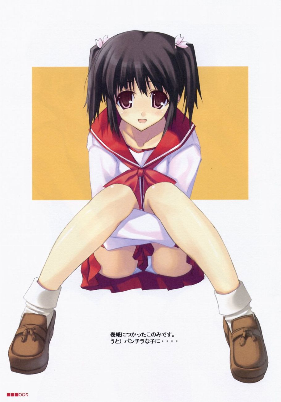 shingo (missing link), yuzuhara konomi, to heart (series), to heart 2, highres, 00s, black hair, crossed arms, panties, pantyshot, purple eyes, school uniform, short twintails, sitting, skirt, socks, solo, twintails, underwear, white panties