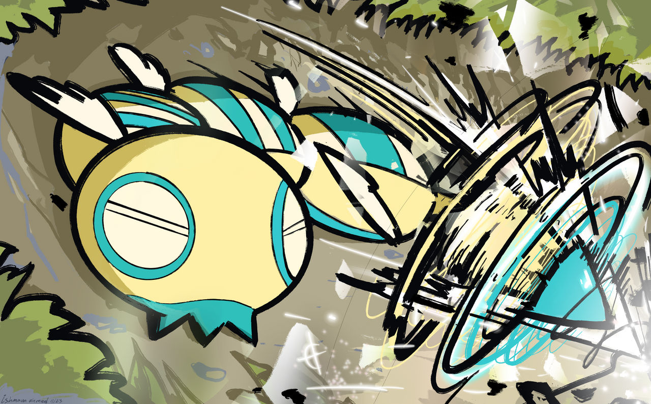 ishmam, dudunsparce, dudunsparce (three-segment), nintendo, pokemon, commentary, commission, english commentary, procreate (medium), animal focus, closed mouth, drill, full body, hyper drill (pokemon), motion blur, multiple wings, no humans, pokemon (creature), pokemon focus, pokemon move, solo, underground, wings