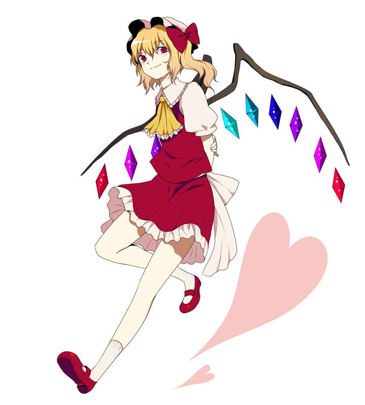 harano, flandre scarlet, touhou, 1girl, arms behind back, ascot, blush, crystal, demon wings, female focus, full body, looking at viewer, mary janes, shoes, short hair, side ponytail, simple background, solo, white background, wings