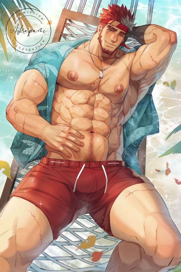 arkapami, ryuugen drake, indie virtual youtuber, commentary, commission, english commentary, 1boy, abs, arm behind head, arm out of sleeve, armpit hair, bara, bare pectorals, beard, chinstrap beard, dog tags, facial hair, headband, large pectorals, male focus, male swimwear, multicolored hair, multiple scars, muscular, muscular male, navel, navel hair, nipples, outdoors, pectorals, print shirt, red hair, red male swimwear, scar, scar across eye, scar on face, shirt, short hair, solo, streaked hair, swim trunks, two-tone hair, white hair