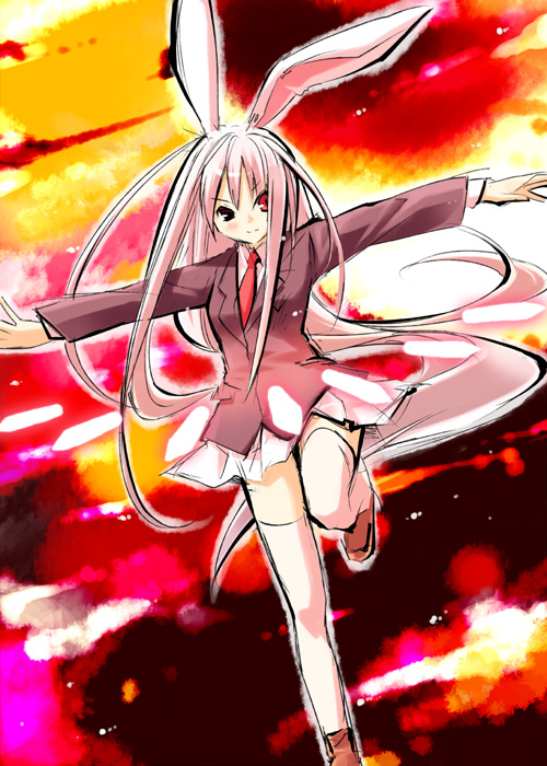 eretto, reisen udongein inaba, touhou, 1girl, animal ears, blazer, danmaku, female focus, gradient background, jacket, long hair, necktie, pink hair, rabbit ears, red eyes, school uniform, skirt, solo, thighhighs, very long hair