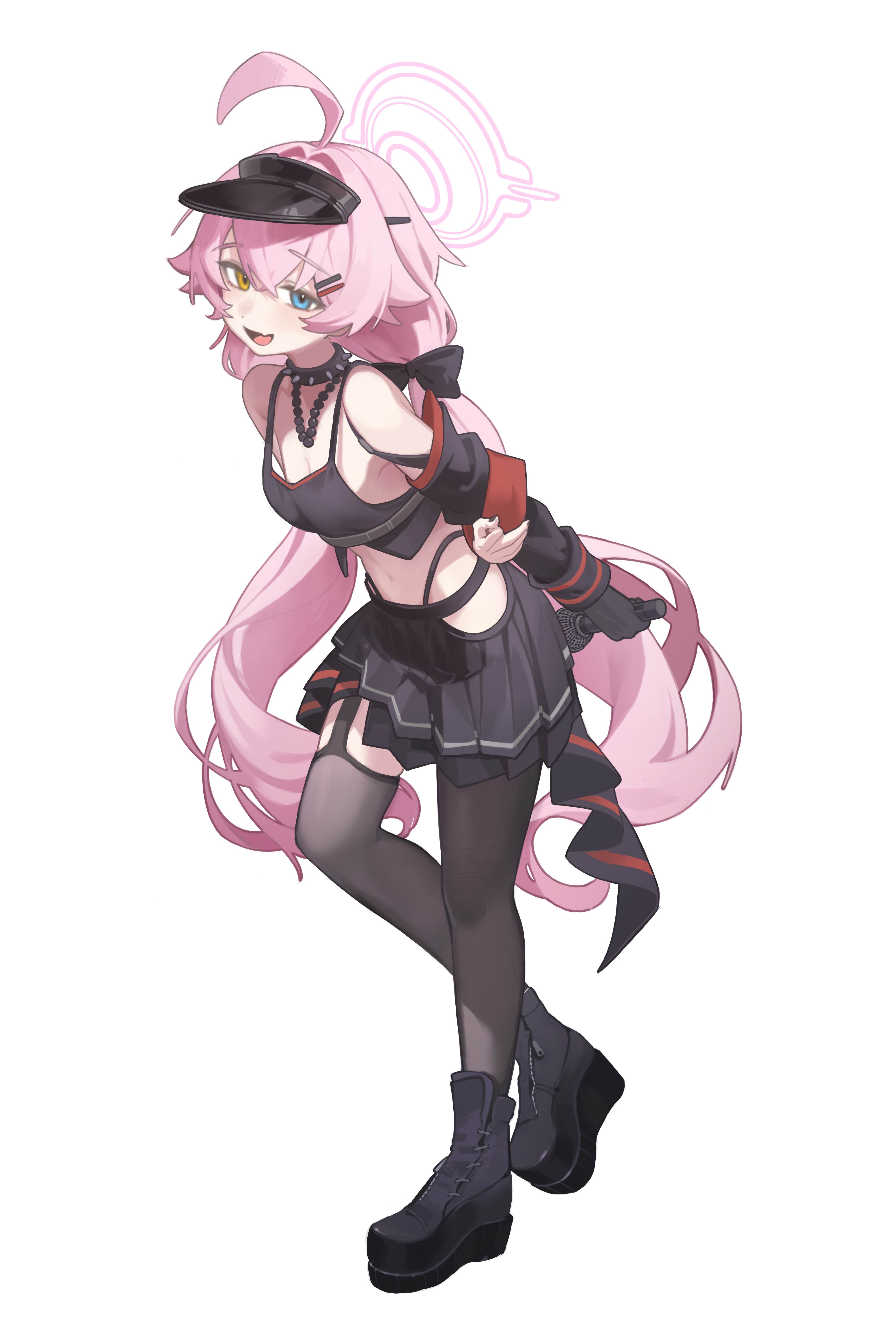 roo boo, hoshino (blue archive), blue archive, absurdres, highres, 1girl, ahoge, alternate costume, arms behind back, black boots, black choker, black gloves, black nails, black ribbon, black skirt, black sleeves, black thighhighs, blue eyes, boots, choker, crop top, detached sleeves, fang, full body, gloves, hair between eyes, hair ornament, hairclip, halo, heterochromia, holding, holding microphone, leaning forward, long hair, looking at viewer, microphone, nail polish, navel, open mouth, parallel hairclips, pink hair, pink halo, ribbon, sidelocks, simple background, single glove, skirt, solo, spiked choker, spikes, stomach, tachi-e, tank top, thighhighs, visor cap, white background, yellow eyes