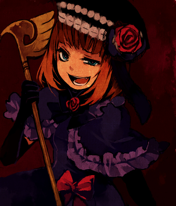 hanokage, eva beatrice, umineko no naku koro ni, 00s, brown hair, dress, hat, orange hair, solo, wand