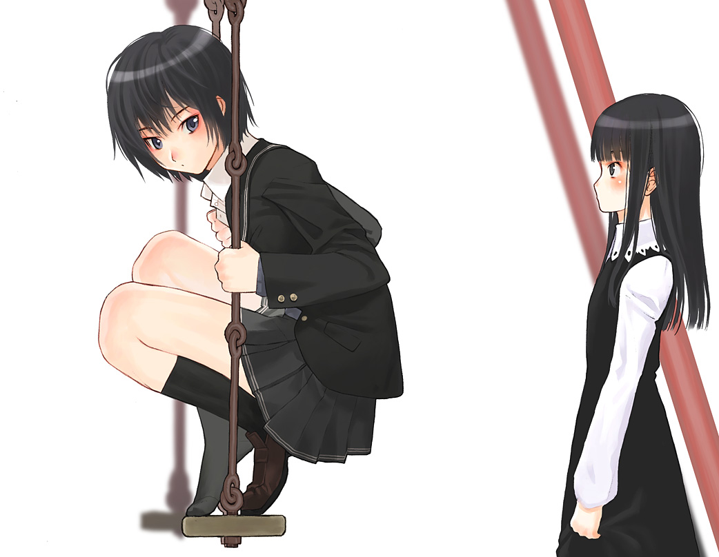 sakamoto mineji, nanasaki ai, amagami, blazer, dress, jacket, on swing, school uniform, shoes, single shoe, socks, swing, swingset