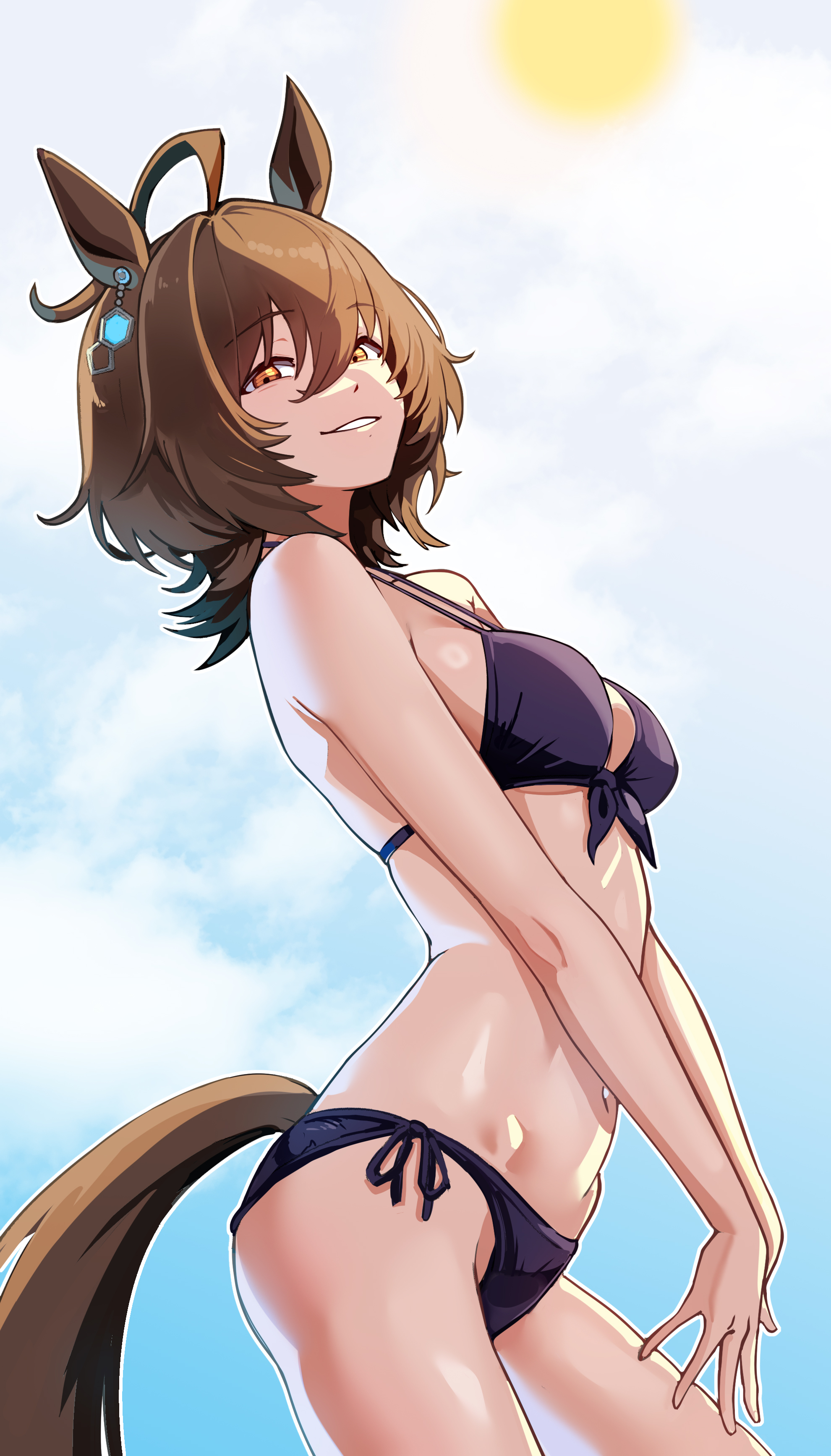 cell (fu cell), agnes tachyon (umamusume), umamusume, absurdres, highres, 1girl, ahoge, animal ears, bare shoulders, bikini, blue sky, breasts, brown hair, cloud, earrings, grin, hair between eyes, horse ears, horse girl, horse tail, jewelry, looking at viewer, medium breasts, medium hair, navel, open mouth, purple bikini, red eyes, single earring, sky, smile, solo, stomach, swimsuit, tail