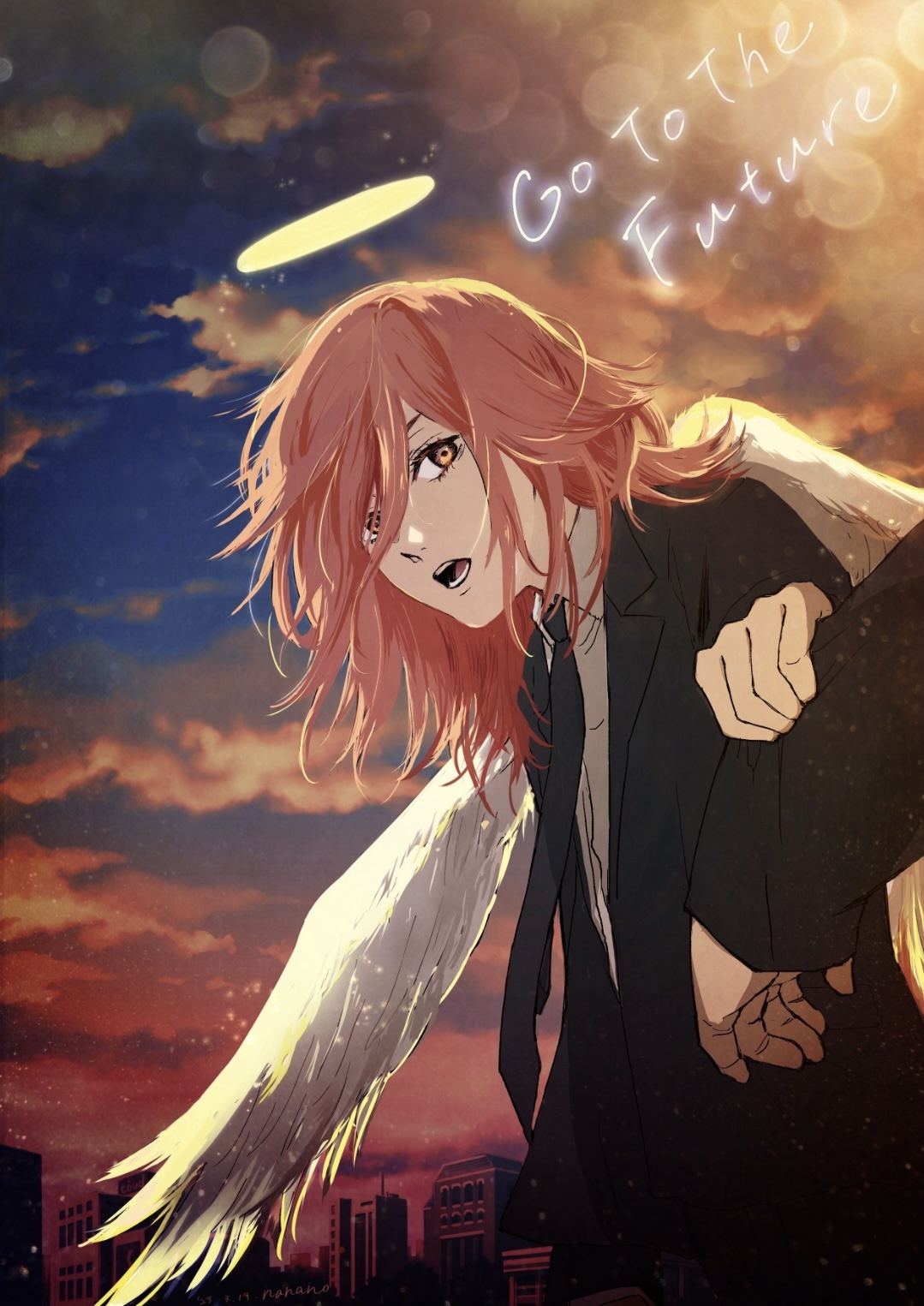 angel devil (chainsaw man), chainsaw man, commentary request, highres, 1boy, 1other, angel, angel wings, bishounen, black necktie, black suit, brown eyes, brown hair, building, clothes grab, cloud, cloudy sky, collared shirt, english text, evening, feathered wings, formal clothes, glowing, glowing halo, halo, lens flare, looking at viewer, male focus, medium hair, nanano illust, necktie, open mouth, outdoors, shirt, sky, sleeve grab, solo focus, suit, traditional halo, white shirt, white wings, wings