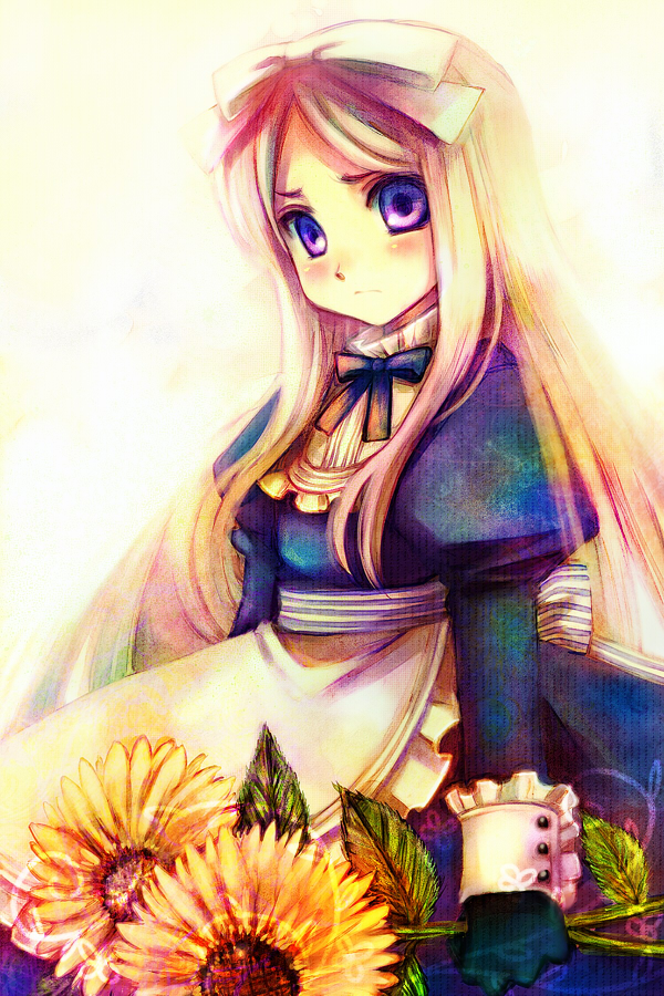 sokomushi, belarus (hetalia), axis powers hetalia, bad id, bad pixiv id, 00s, 1girl, apron, blonde hair, blush, bow, dress, female focus, flower, gloves, hair bow, hair ribbon, long hair, purple eyes, ribbon, sad, solo, sunflower