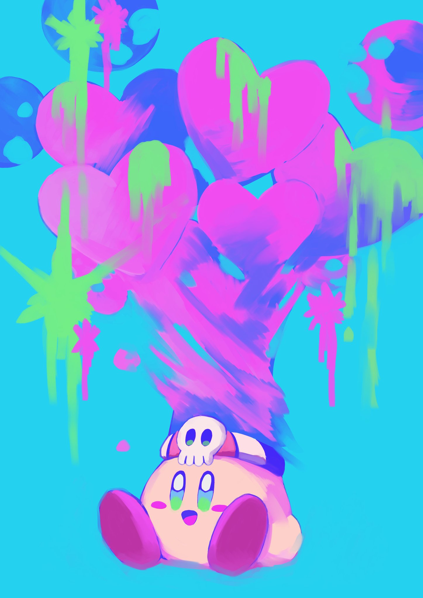 purano7, kirby, poison kirby, original, highres, :d, blush stickers, colored skin, cool colored, copy ability, hat, heart, no humans, open mouth, pink skin, red shoes, shoes, sitting, skull, smile
