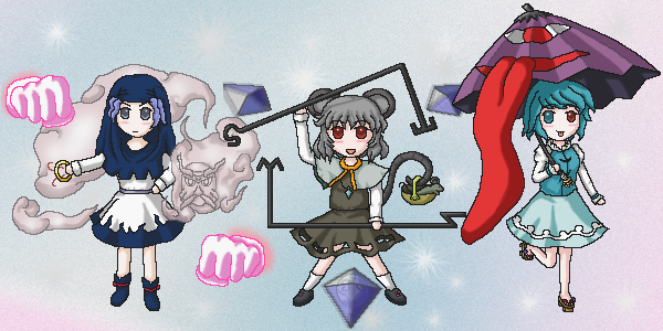 kikyo168, kumoi ichirin, nazrin, tatara kogasa, unzan, touhou, 3girls, :d, :p, animal ears, aqua dress, aqua eyes, aqua hair, basket, blue dress, blue eyes, blue hair, brown dress, chibi, closed mouth, dress, frilled dress, frills, full body, gem, gradient background, grey eyes, grey hair, hand on own hip, heterochromia, holding, holding umbrella, hood, hooded dress, jewelry, long sleeves, looking at viewer, mouse ears, mouse tail, multiple girls, no nose, open mouth, pixel art, purple hair, purple umbrella, red eyes, ring, shoes, short hair, smile, socks, tail, tongue, tongue out, umbrella, white socks