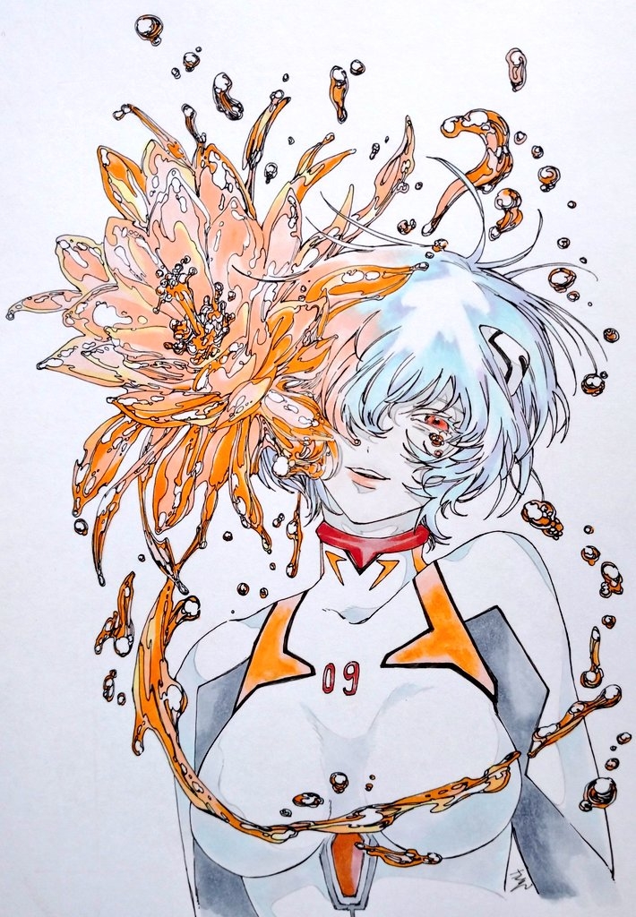 kirinsuke, ayanami rei, neon genesis evangelion, bad id, bad pixiv id, commentary request, 1girl, blue hair, bodysuit, breasts, cropped torso, floating hair, flower, hair over one eye, half-closed eye, interface headset (evangelion), lcl, liquid flower, looking at viewer, mecha pilot suit, medium breasts, one eye covered, orange flower, pale skin, parted lips, pink lips, plugsuit (evangelion), red eyes, short hair, signature, simple background, smile, solo, upper body, white background, white bodysuit