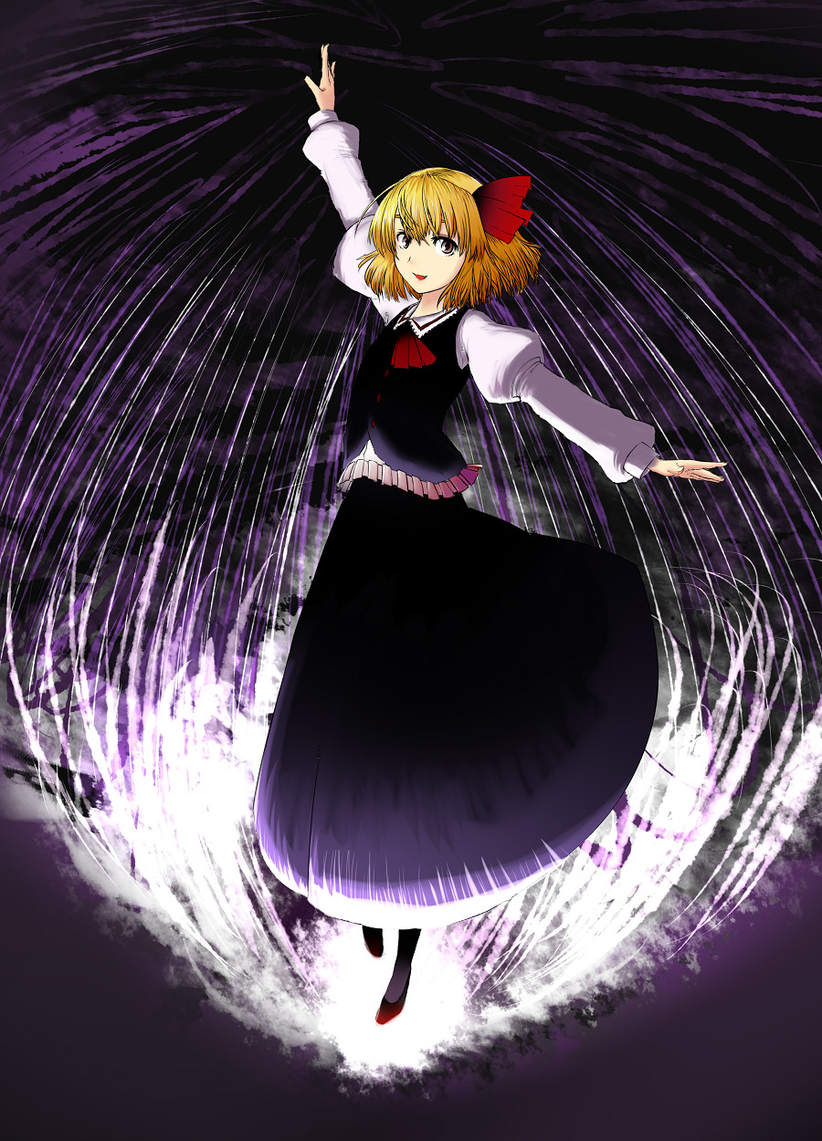 kato (artist), kato (mogumoguokome), rumia, embodiment of scarlet devil, touhou, highres, 1girl, blonde hair, female focus, hair ribbon, red eyes, ribbon, short hair, solo