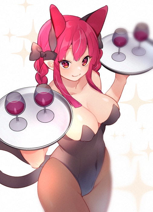 akagashi hagane, kaenbyou rin, subterranean animism, touhou, 1girl, :3, animal ears, braid, breasts, brown pantyhose, cat ears, cleavage, cup, curvy, drinking glass, from above, holding, holding tray, large breasts, leotard, looking at viewer, multiple tails, navel, pantyhose, red eyes, red hair, simple background, solo, strapless, strapless leotard, tail, tray, twin braids, two tails, wine glass