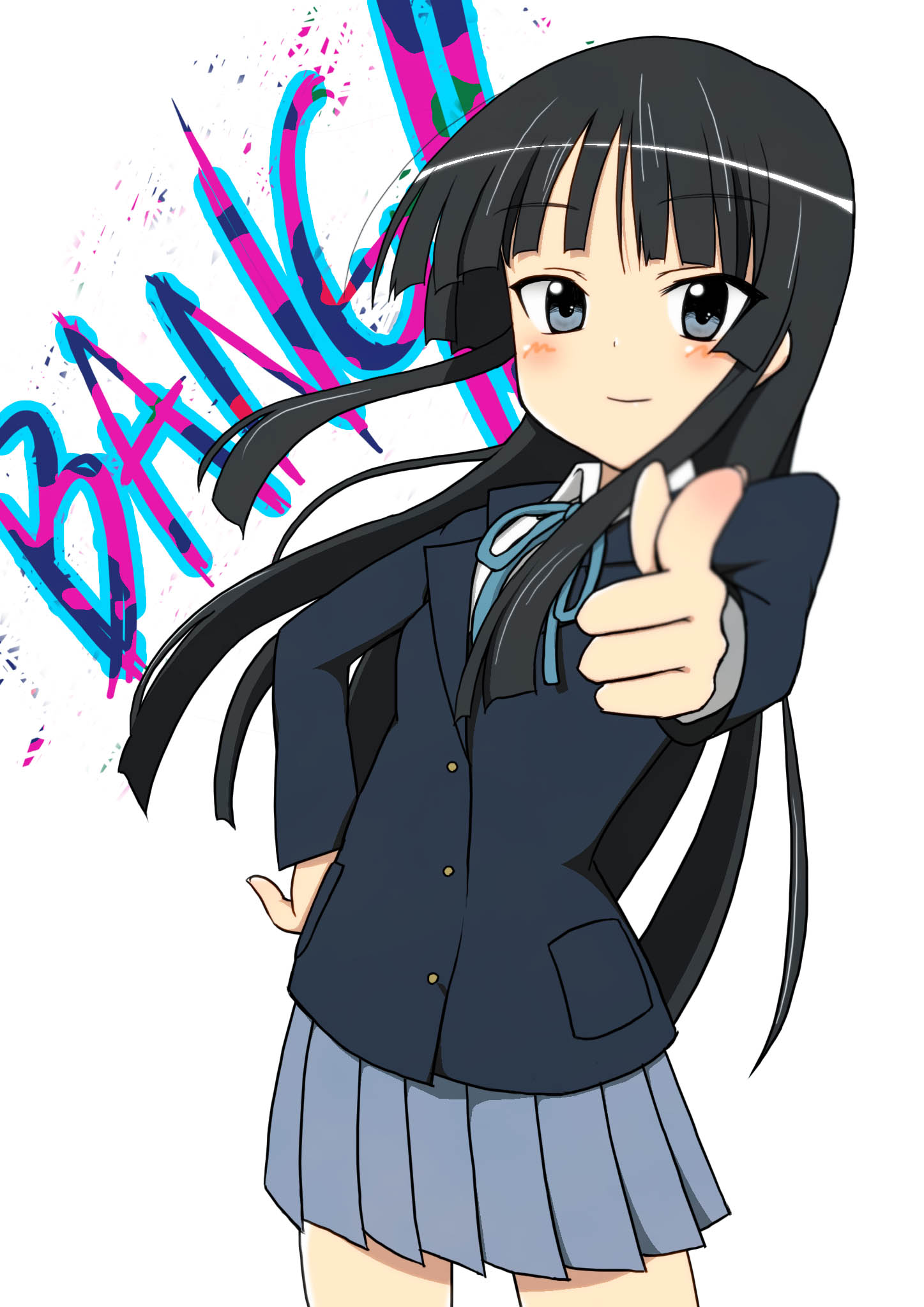 imao kiiru, akiyama mio, k-on!, highres, 00s, 1girl, black hair, blue eyes, blunt bangs, blurry, blush, depth of field, english text, female focus, finger gun, hand on own hip, hime cut, hip focus, long hair, school uniform, simple background, skirt, solo, white background