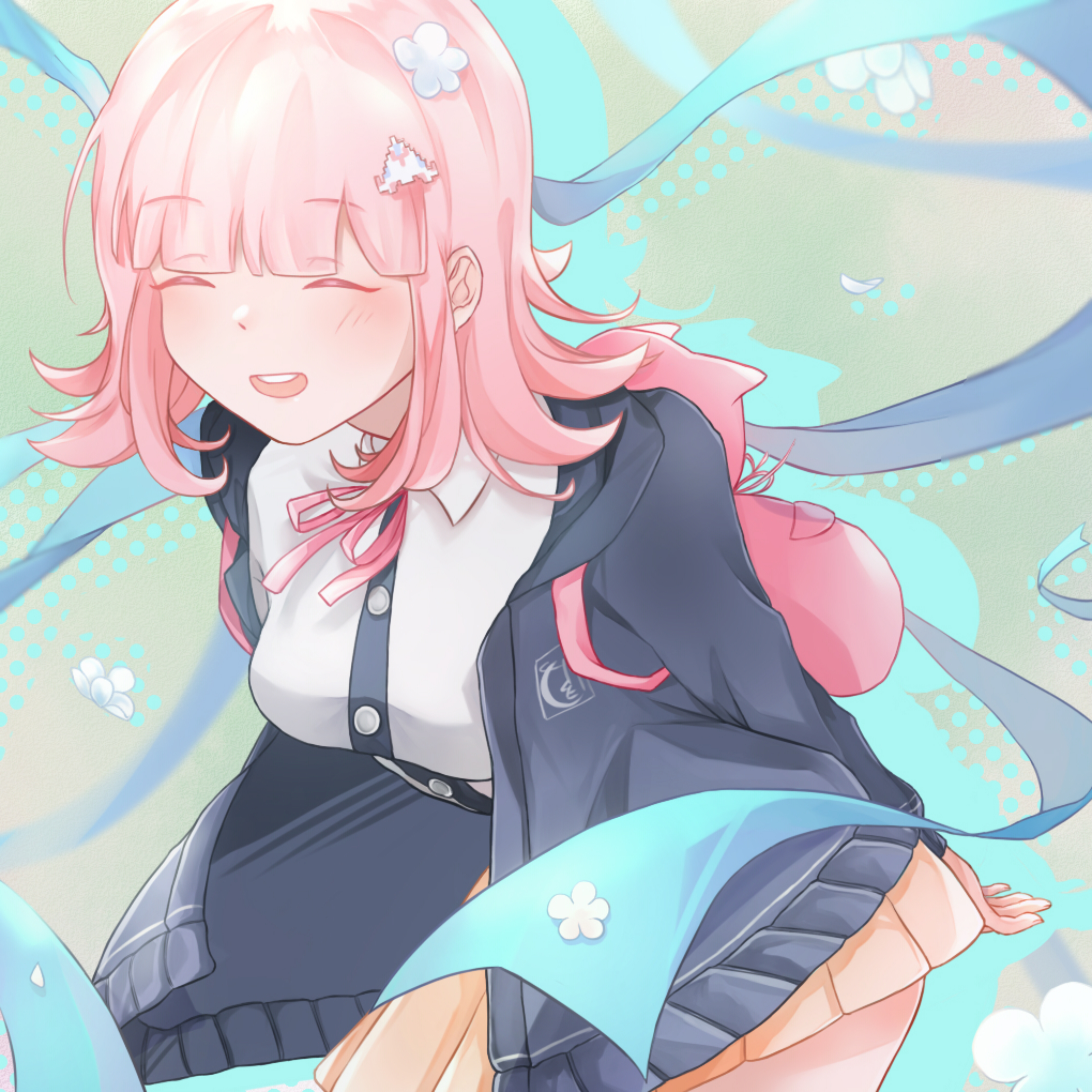 nanami chiaki, danganronpa (series), danganronpa 2: goodbye despair, absurdres, highres, 1girl, :d, animal bag, arms behind back, black jacket, black shirt, blush, breasts, brown skirt, cat bag, collared shirt, cowboy shot, dress shirt, flipped hair, hair ornament, jacket, large breasts, long sleeves, medium hair, miniskirt, neck ribbon, open clothes, open jacket, open mouth, pink bag, pink eyes, pink ribbon, pleated skirt, ribbon, shirt, skirt, smile, solo, teeth, upper teeth only, white shirt, wu ren wenjinno pianzi