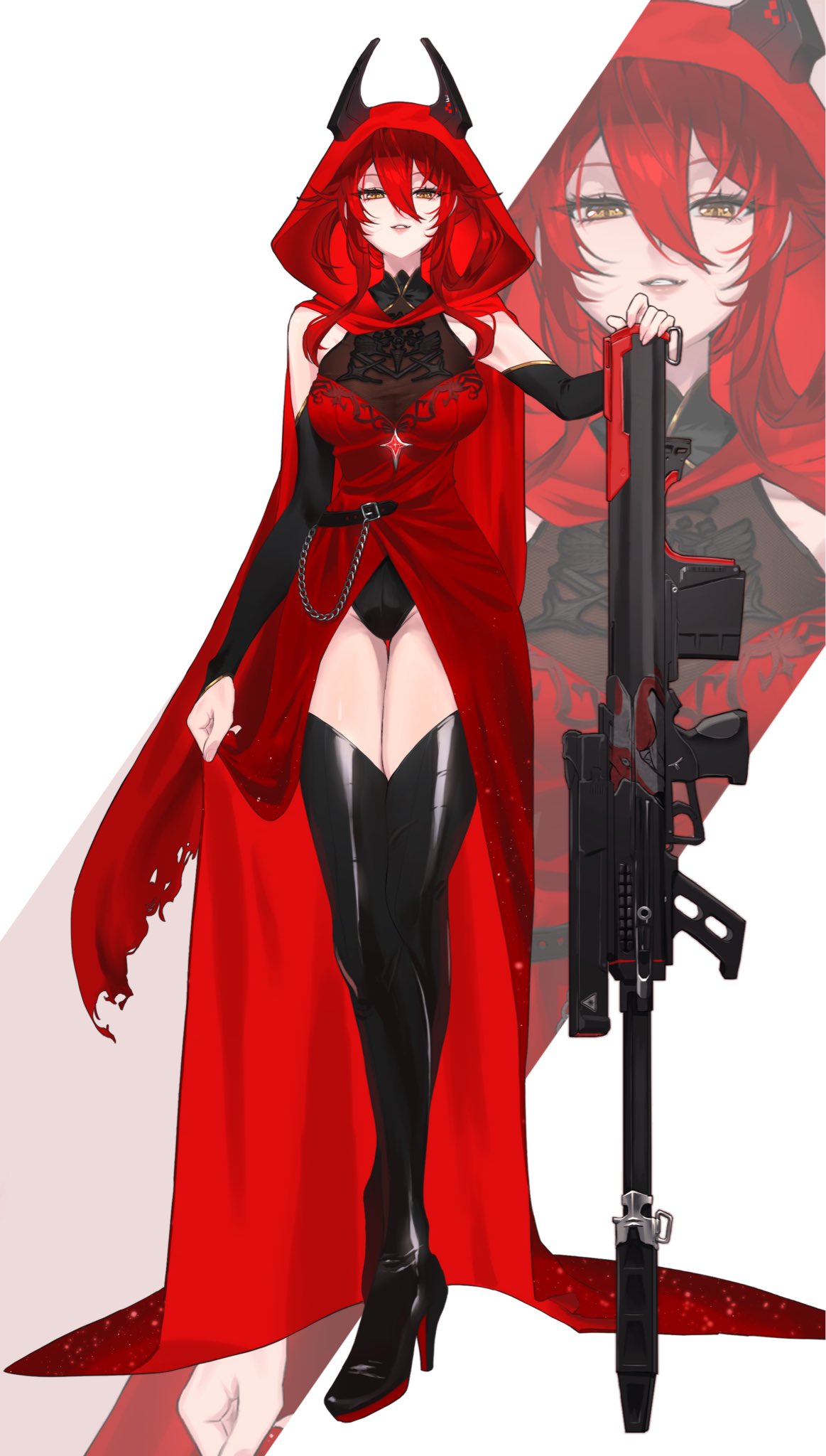 sakael, red hood (nikke), goddess of victory: nikke, commentary request, highres, 1girl, alternate costume, anti-materiel rifle, full body, gun, holding, holding gun, holding weapon, horns, mechanical horns, red hair, red hood, rifle, sniper rifle, solo, torn hood, weapon, yellow eyes