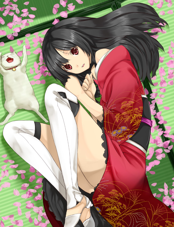 unowen, original, bad id, bad pixiv id, 1girl, black hair, cat, female focus, japanese clothes, kimono, long hair, lying, open mouth, red eyes, solo, thighhighs