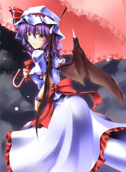 gisyo, remilia scarlet, touhou, 1girl, bat wings, cloud, female focus, outdoors, sky, solo, standing, umbrella, wings