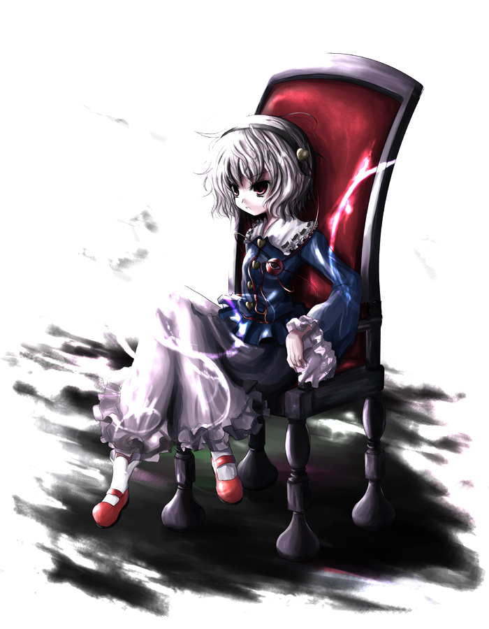 kurona, komeiji satori, touhou, 1girl, chair, female focus, full body, on chair, purple hair, red eyes, short hair, sitting, solo