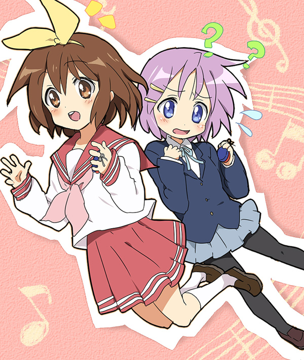 maruki (punchiki), hiiragi tsukasa, hirasawa yui, k-on!, lucky star, bad id, bad pixiv id, 2girls, ?, blue eyes, brown eyes, brown hair, castanets, cosplay, costume switch, crossover, hair ornament, hair ribbon, hairband, hairclip, hiiragi tsukasa (cosplay), hirasawa yui (cosplay), instrument, loafers, multiple girls, musical note, pantyhose, purple hair, ribbon, school uniform, serafuku, shoes, short hair, surprised