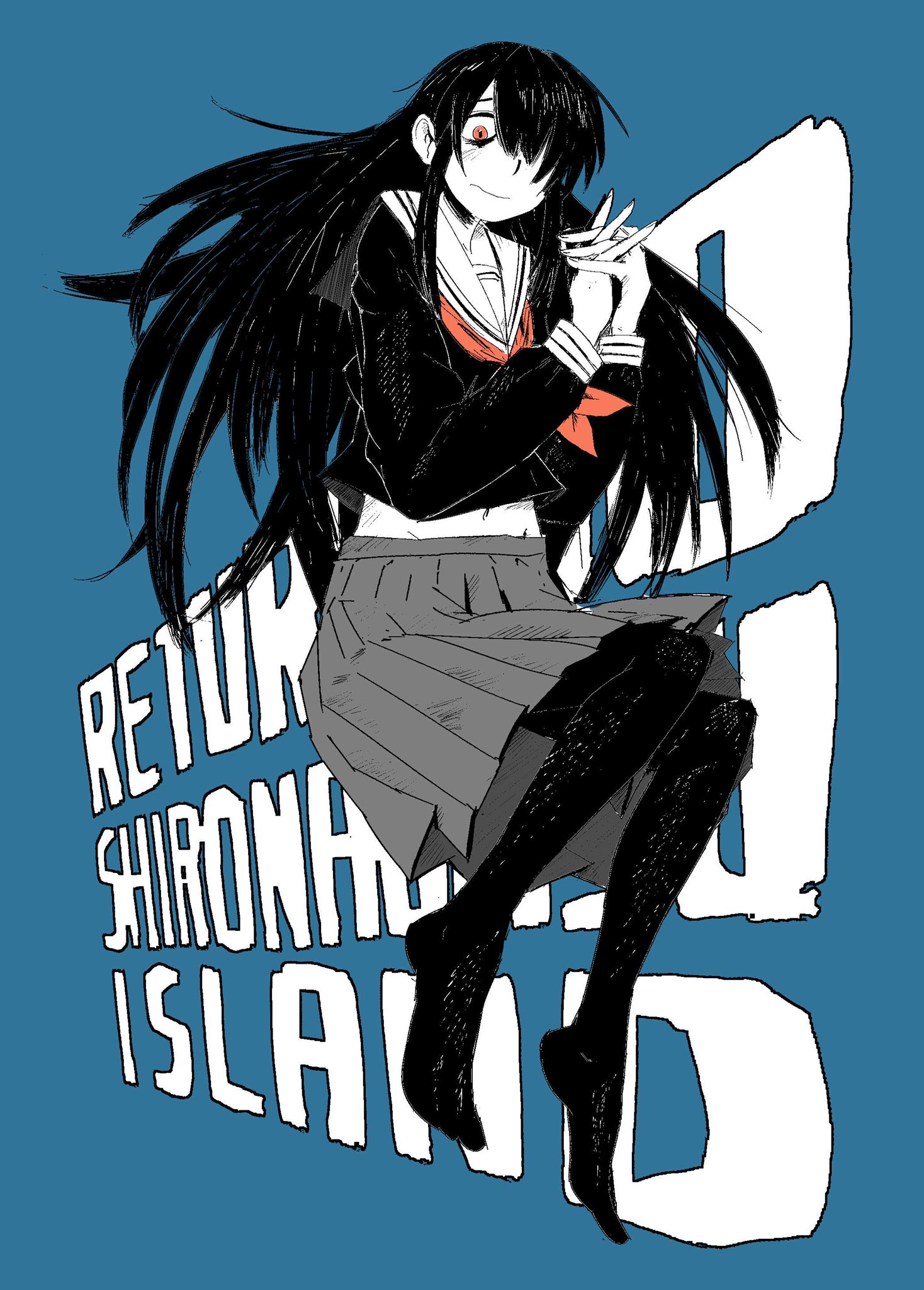 sugarspot jr., izumozaki neneko, shironagasu-tou e no kikan, highres, 1girl, bags under eyes, black hair, black pantyhose, black shirt, blue background, copyright name, frown, full body, hair over one eye, hands up, interlocked fingers, limited palette, long hair, long sleeves, looking at viewer, midriff, mojyo, navel, neckerchief, nervous, no shoes, own hands together, pantyhose, pleated skirt, red eyes, red neckerchief, school uniform, serafuku, shirt, simple background, skirt, solo, text background, wavy mouth